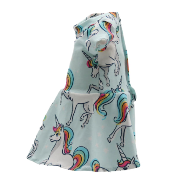 18" Doll Dress Fun Light Blue Knit with Whimsical Rainbow Unicorns