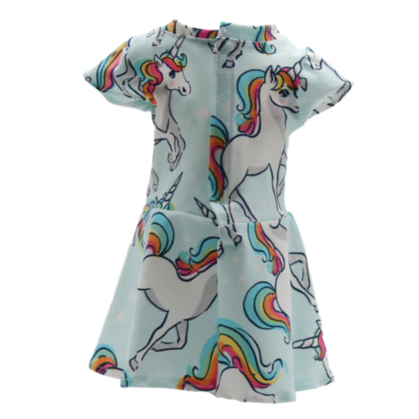 18" Doll Dress Fun Light Blue Knit with Whimsical Rainbow Unicorns