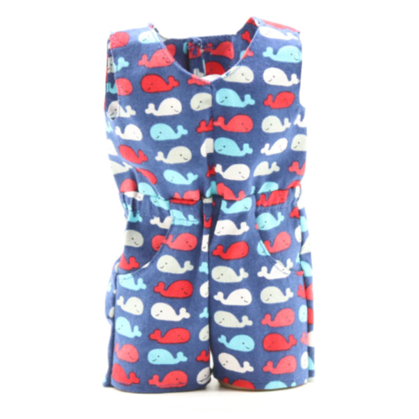 18" Doll Romper Royal Blue Cotton Fabric with Red, White, and Blue Whales