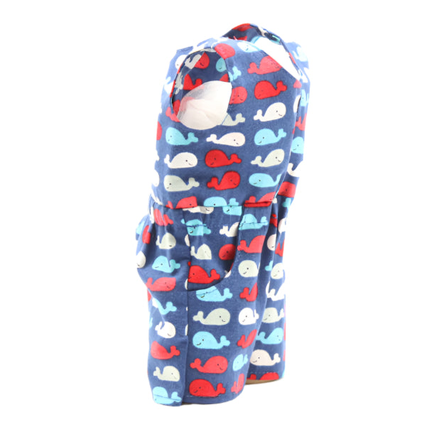 18" Doll Romper Royal Blue Cotton Fabric with Red, White, and Blue Whales