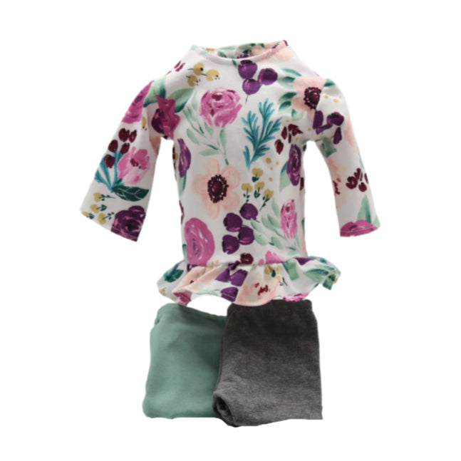 18" Doll Top Knit Fabric Peach Floral Ruffle Top Paired with Sage Pants