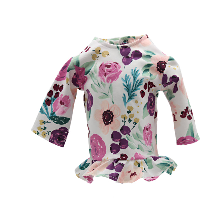18" Doll Top Knit Fabric Peach Floral Ruffle Top Paired with Sage Pants