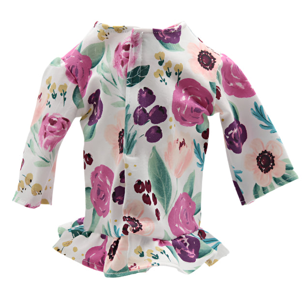 18" Doll Top Knit Fabric Peach Floral Ruffle Top Paired with Sage Pants