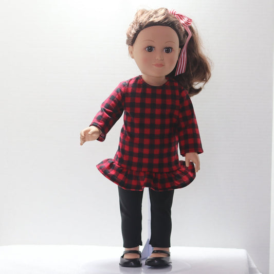 18" Long Sleeve Red and Black Checker Top with Black Pants