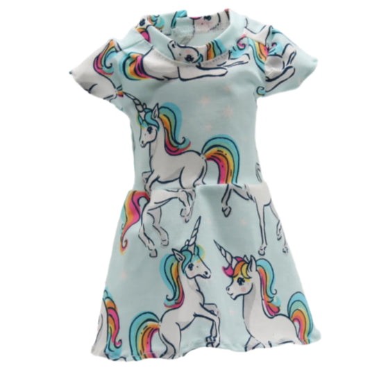 18" Doll Dress Fun Light Blue Knit with Whimsical Rainbow Unicorns