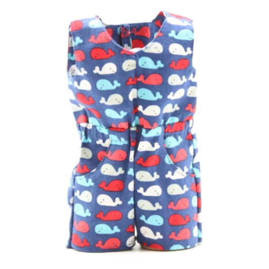 18" Doll Romper Royal Blue Cotton Fabric with Red, White, and Blue Whales