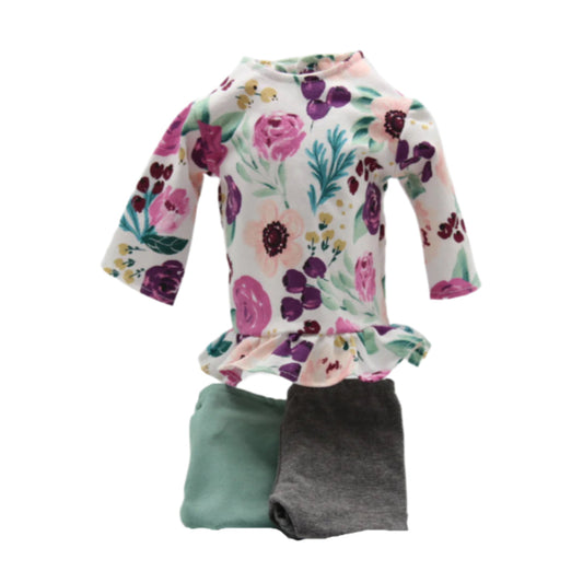 18" Doll Top Knit Fabric Peach Floral Ruffle Top Paired with Sage Pants